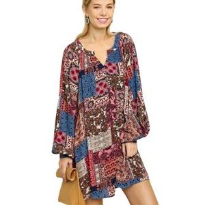 Umgee Patchwork Balloon Sleeve Boho Mixed Prints Tunic Shift Dress Size Large
